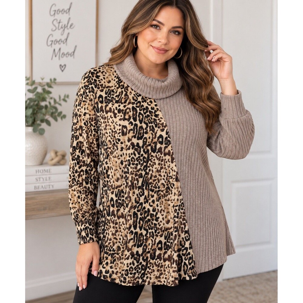 Suzanne Betro Womens 1X Leopard Print Ribbed Knit Cowl Neck Tunic Top Maximalist